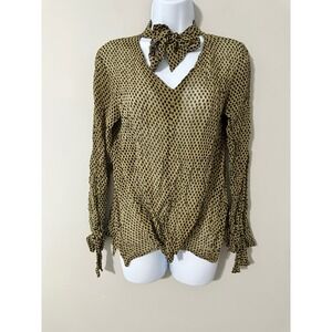 NÜ Denmark Sheer Blouse Top Small SILK Leopard Print Long Sleeve Tie Neck Womens